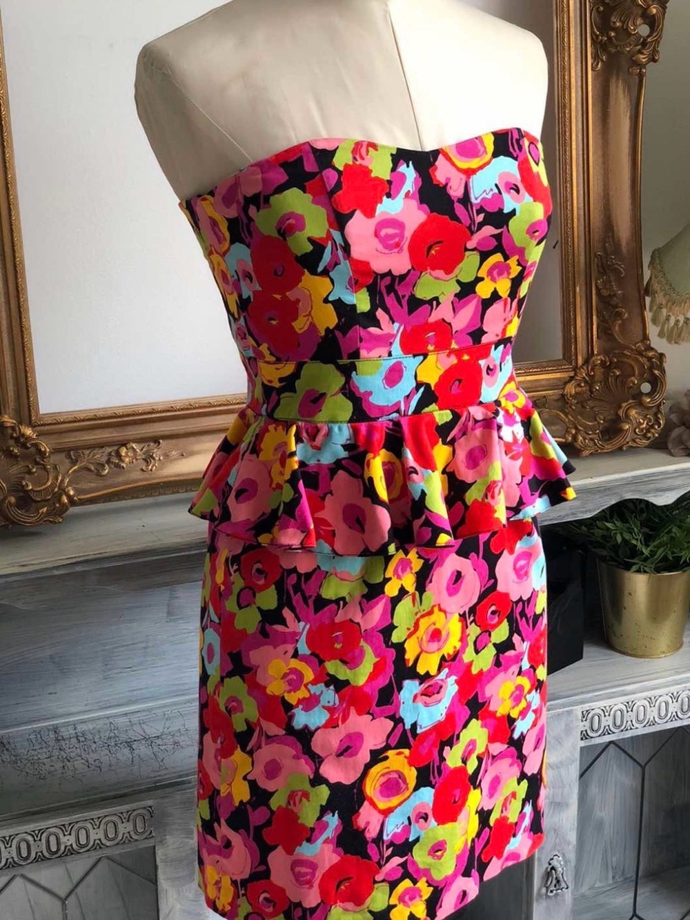Vintage 90s New Look Strapless Floral Peplum Mini Dress - Bright Multicolor